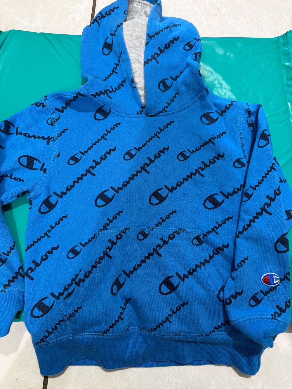 Champion Blue Hoodie with Black Logo Pattern